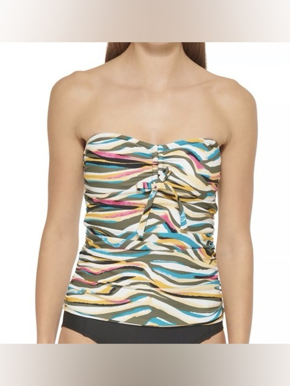 NWT DKNY Tankini Swimsuit Top Watercolor Zebra Striped Print Ruched Sides XS